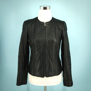 Tory Burch Size 4 Daphne Black Leather Quilted Zip Zipper Sleeve Jacket Coat